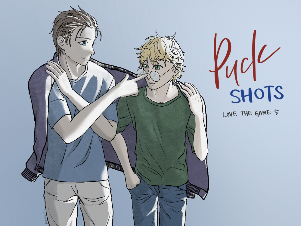 Drawing featuring two young men sharing a coat. The man on the right has dark hair swept back and blue grey eyes, while the man on the left has blonde hair and green eyes. The dark haired man clutches the coat in his left hand across his body, and is reaching out with a hand to adjust the glasses of the blonde man, who is holding onto the coat with his left hand and has his right hand in his pocket. Writing to the right side of the image says 'Puck Shots' and 'Love The Game 5'. The image is signed 'kirisviel'.