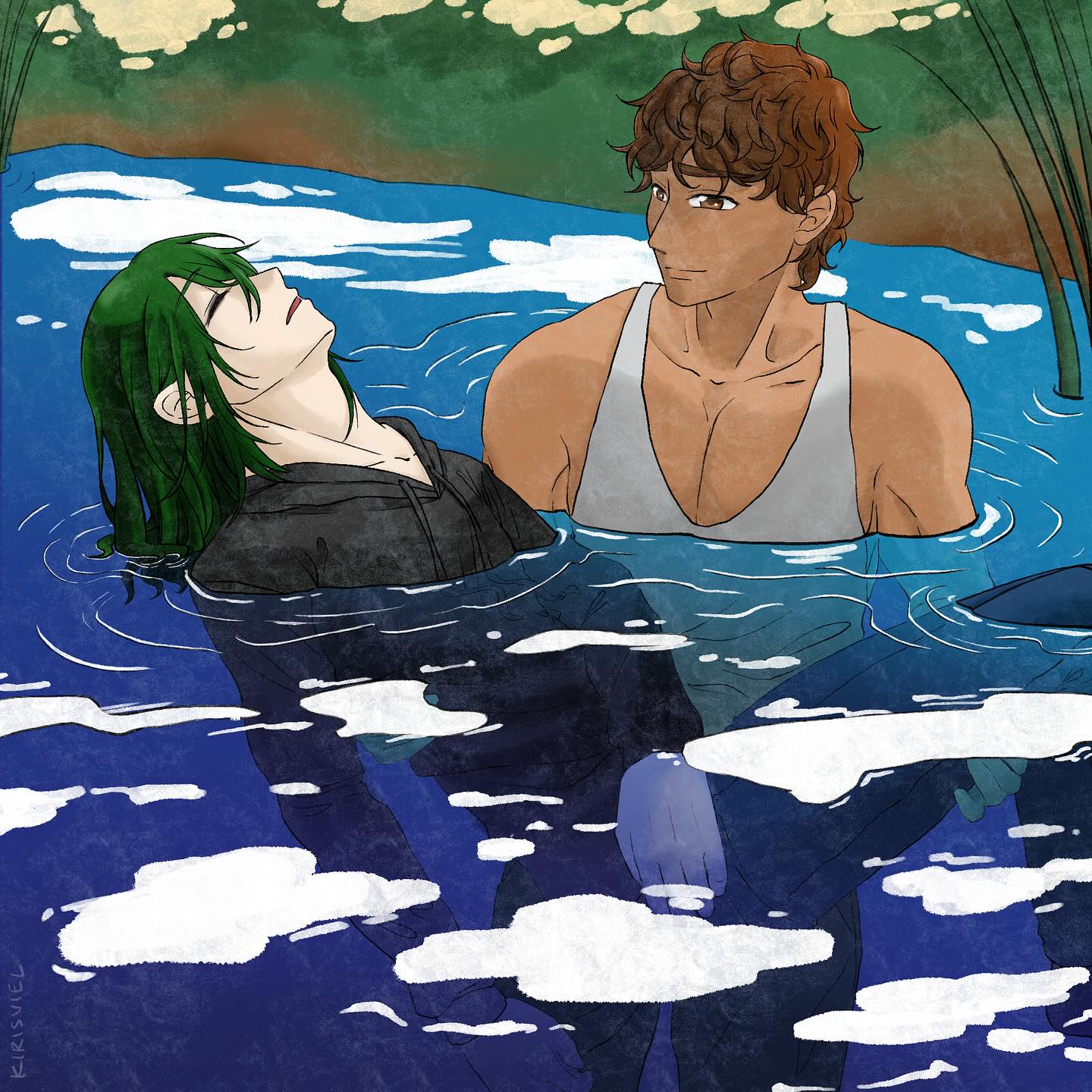 Drawing of two young men submerged in a river. The man on the left has pale skin and shoulder-length green black hair which trails into the water, and is held bridal-style in the arms of the other man on the right who is tanned, with brown eyes and short, curly brown hair. The brown haired man man smiles gently at the green haired man who has his head back and his eyes closed. The drawing is from a scene around 30% of the way into the story. The image is signed 'kirisviel'.