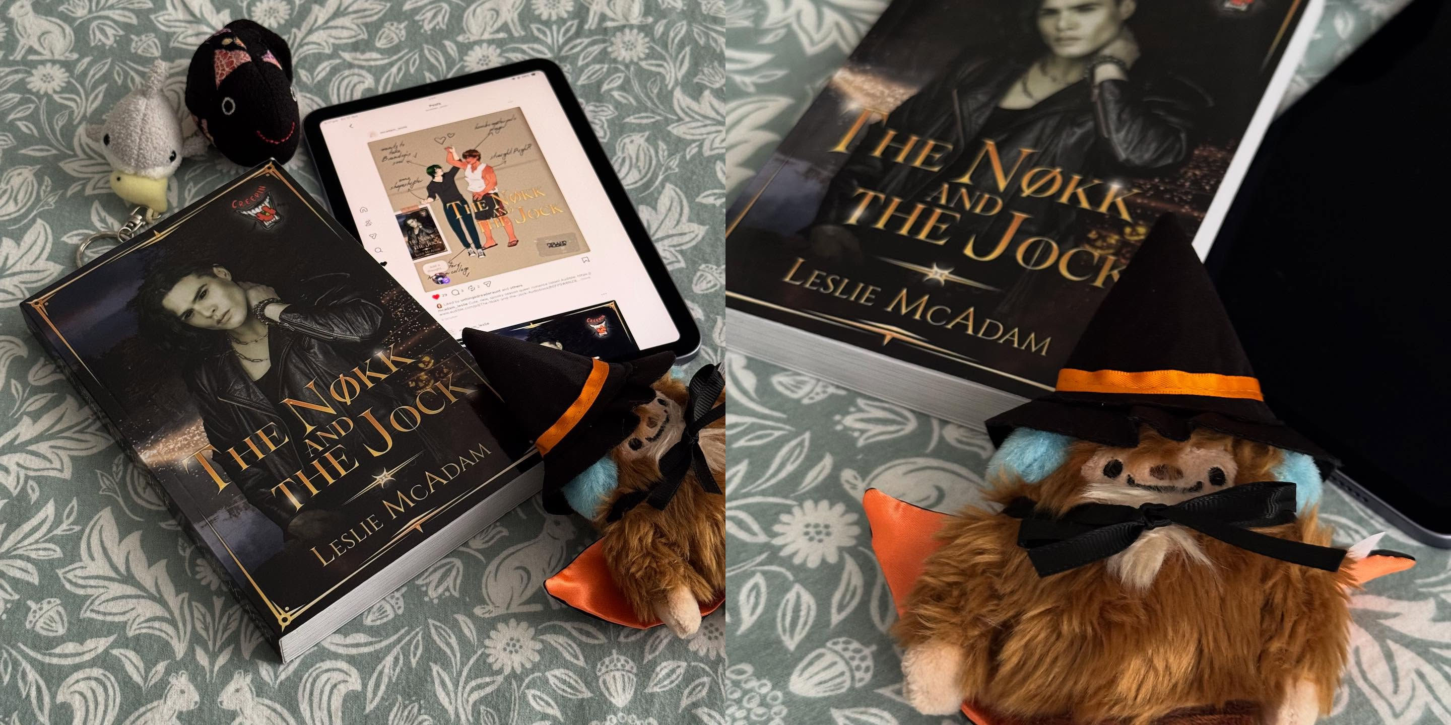 Two photos consolidated into one image, of the same subjects from two different angles. The Nøkk and the Jock paperback and an iPad Mini showing a promotional image for the same book lies on a bed spread with a Scandanavian-style forest pattern. Above the book and device are two plushies - one of a shark with a fish in its mouth, and the other of a fish in Japanese patterns. Below the book and the device is a sasquatch plushie dressed as a witch with a black pointed hat and cap with orange band and lining. The sasquatch is Qatchi from the Vancouver Olympics in 2010.